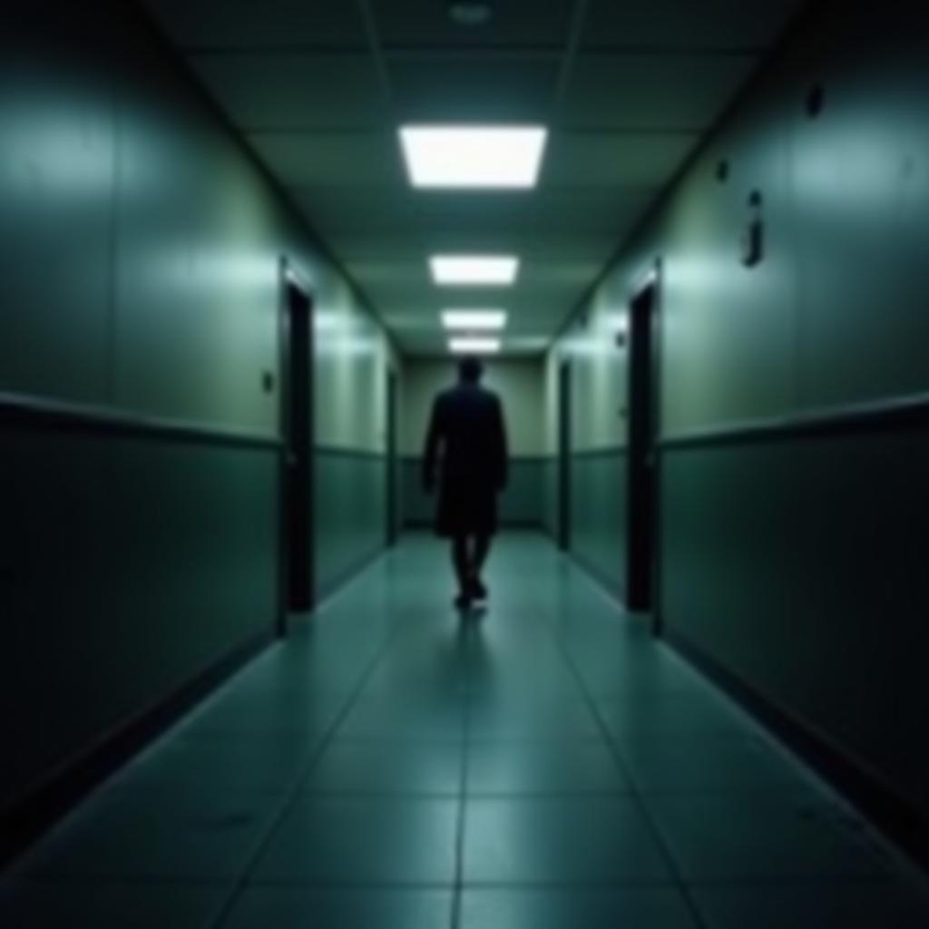 An empty hallway in a research park office center at night, with a shadowy figure in the distance.