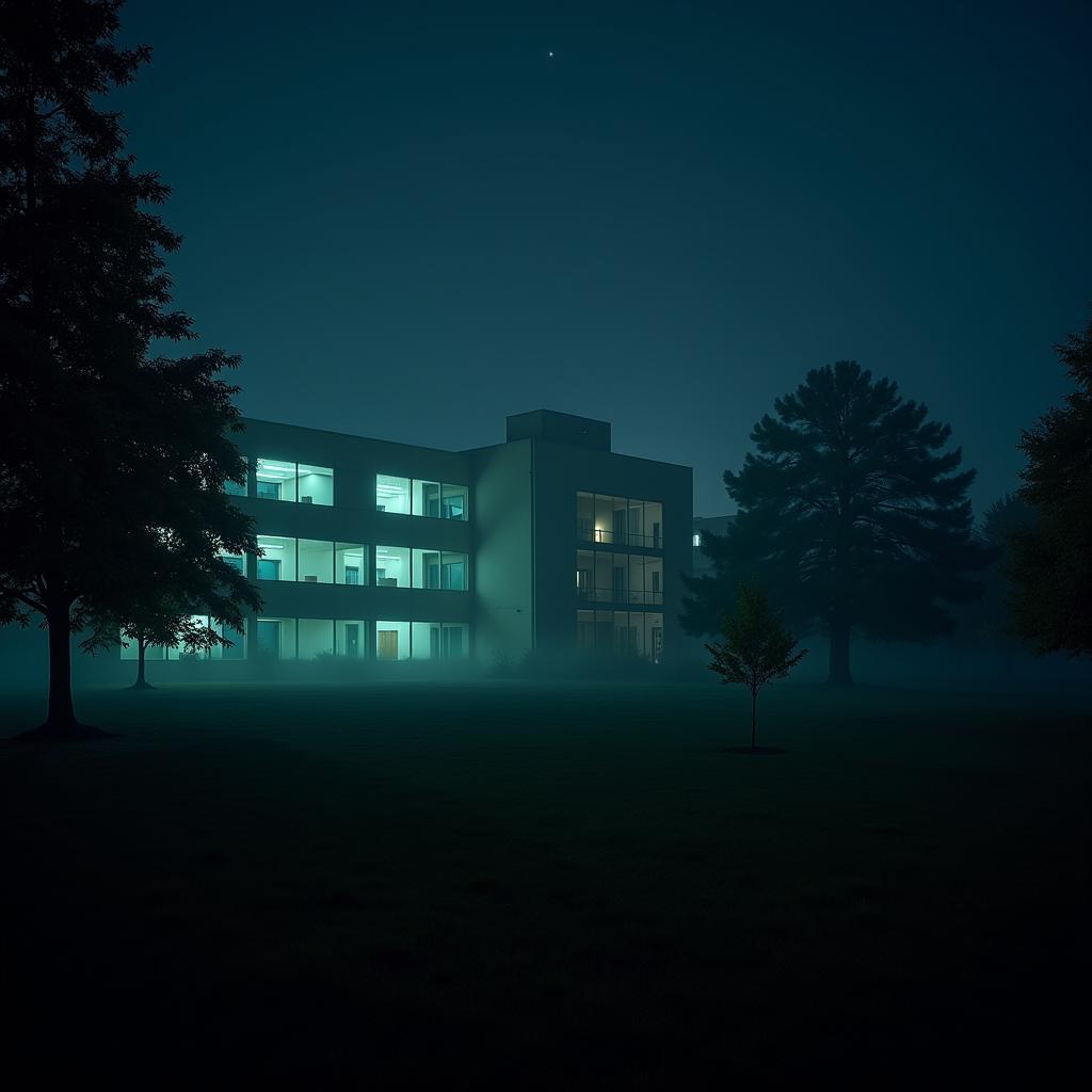 A night view of a research park office center, showing illuminated windows and a quiet atmosphere.