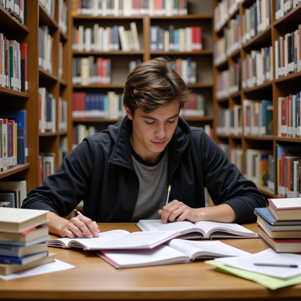 The research process for college students: A student reviewing research papers in a library.