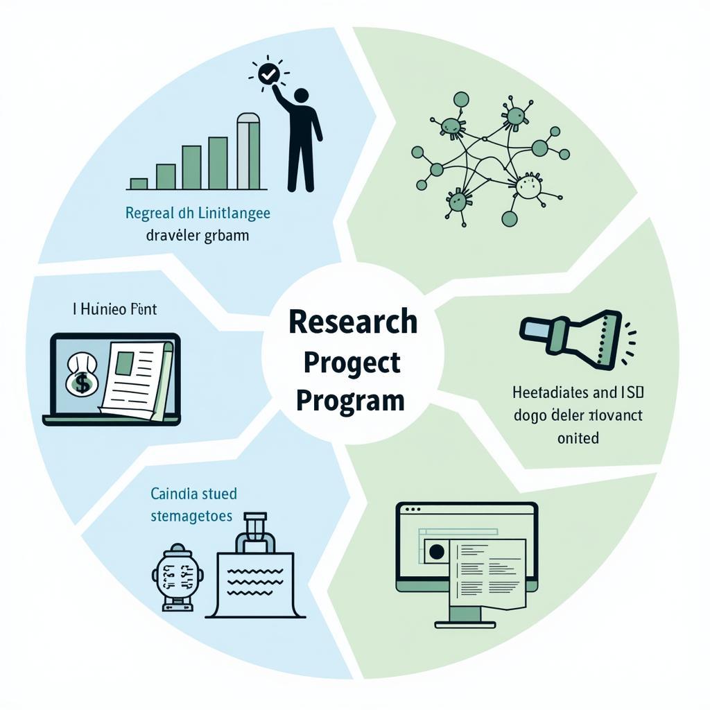 Research Program Management Challenges: An illustration depicting the challenges faced by research program managers, such as securing funding, regulatory compliance, and managing complex projects.