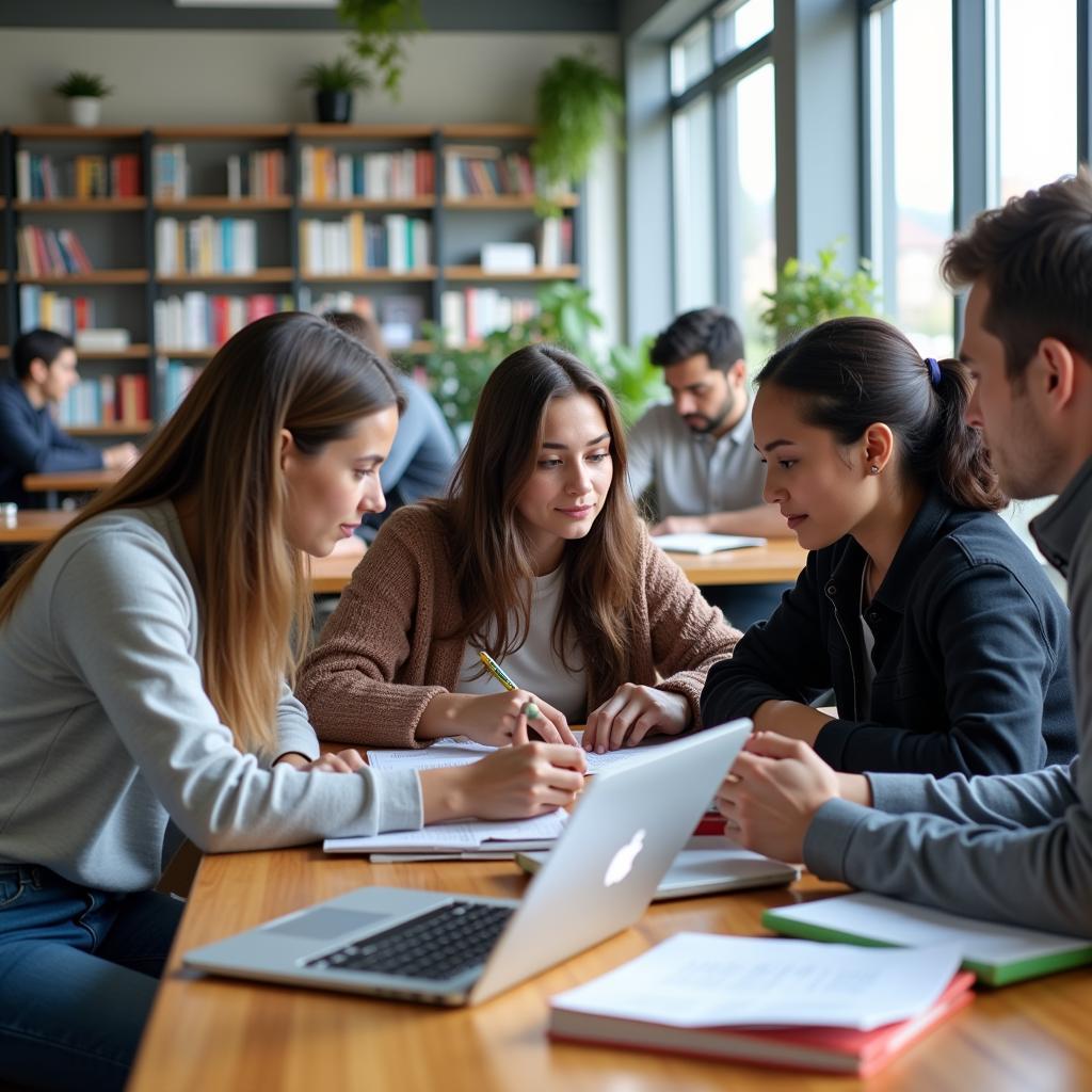 Research psychology master's students studying diligently in a university library.