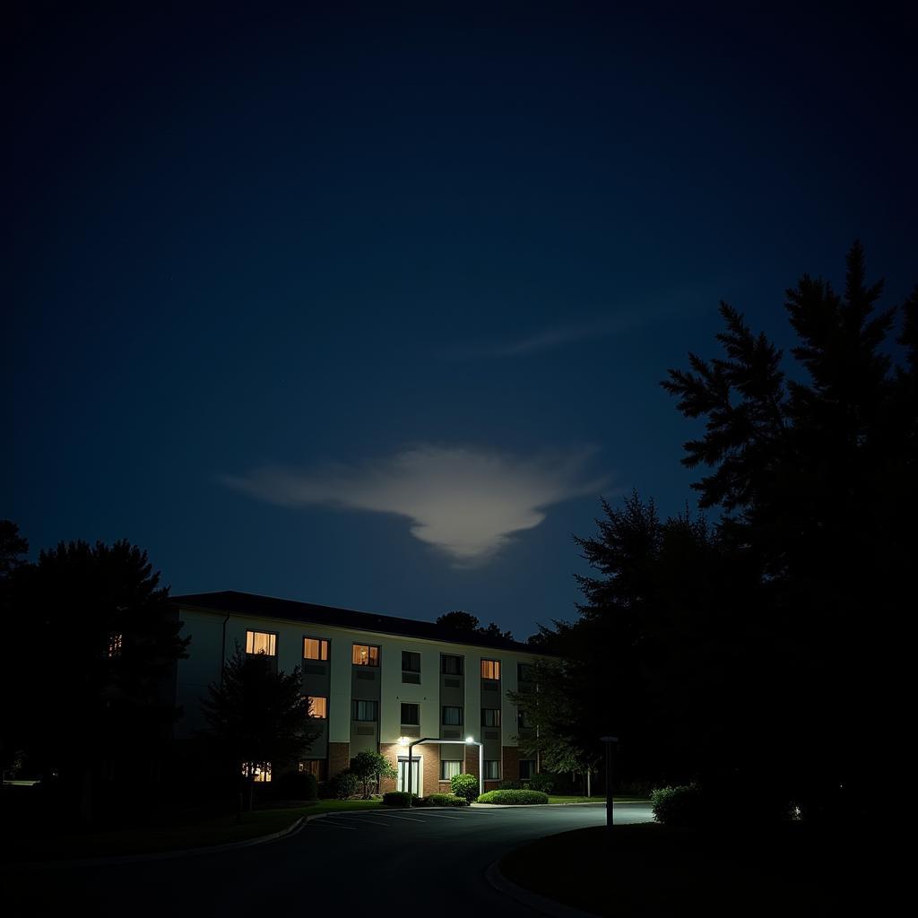 Night view of a hotel near Research Triangle Park, showing a mysterious light in the distance.