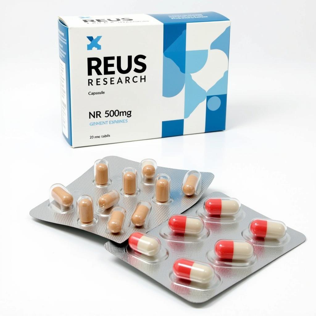 Reus Research NR 500mg Capsules: Close-up image of Reus Research NR 500mg capsules, highlighting their size, color, and packaging.