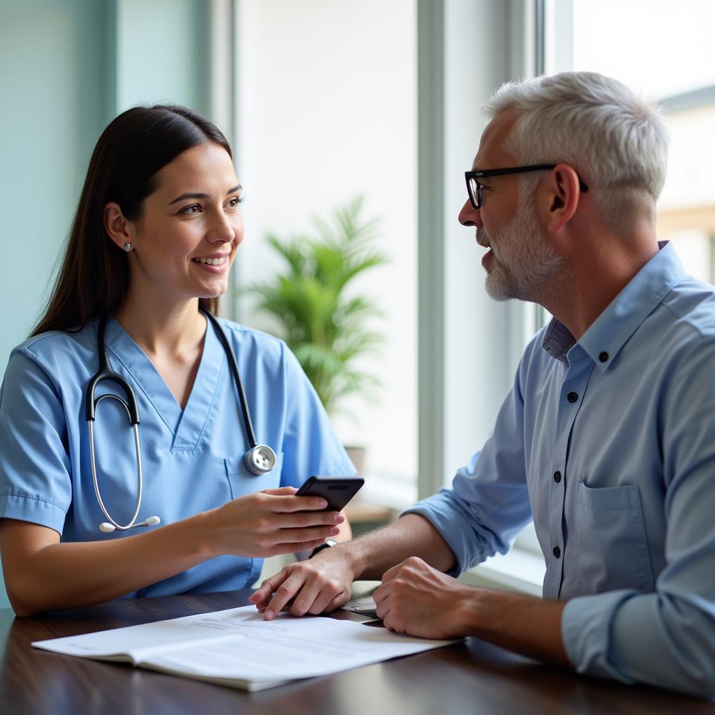 A registered nurse engages with a patient, explaining study details and answering questions.