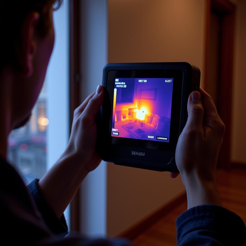 Thermal camera being used to detect temperature changes in a paranormal investigation