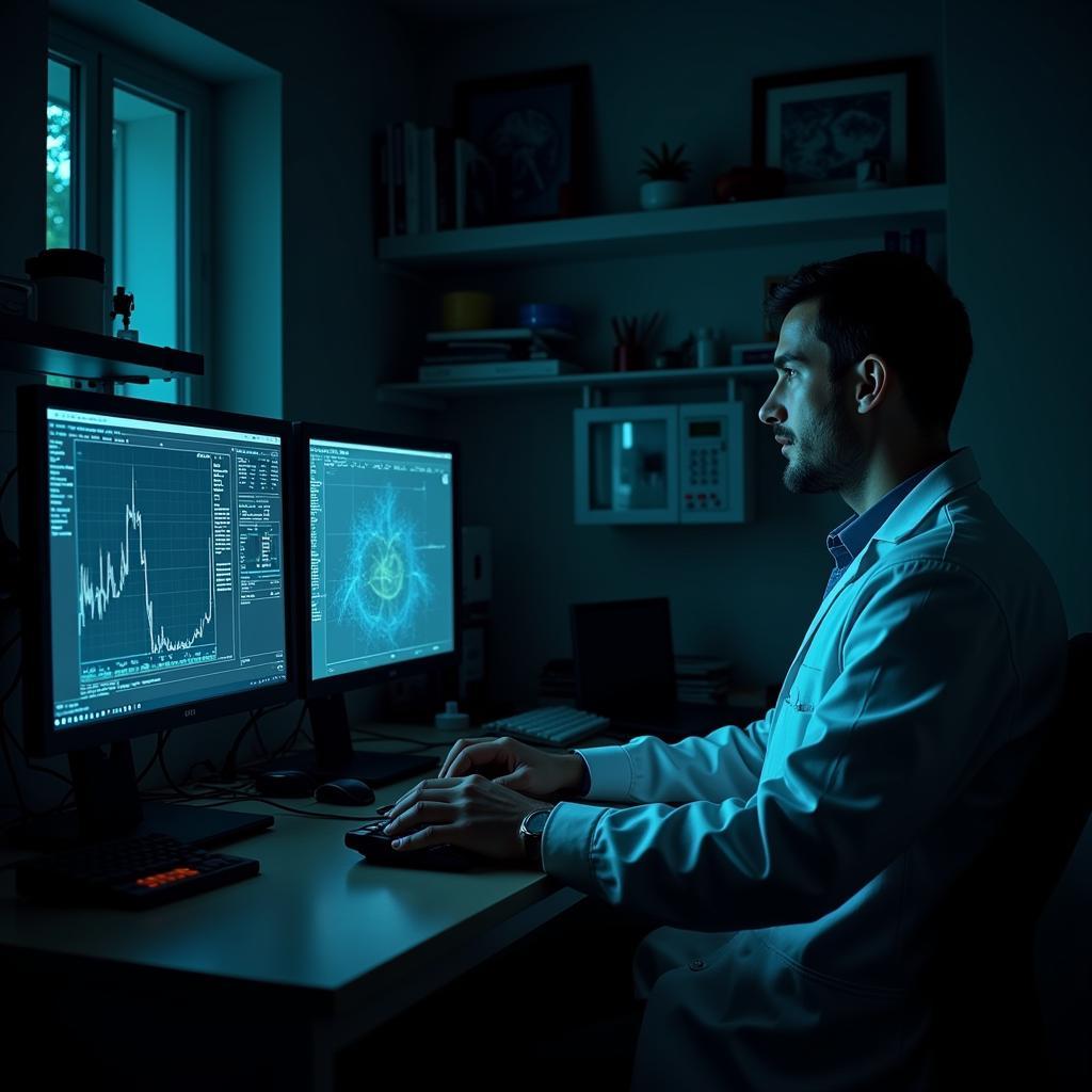 A scientist analyzing paranormal data on a computer screen, utilizing specialized software.