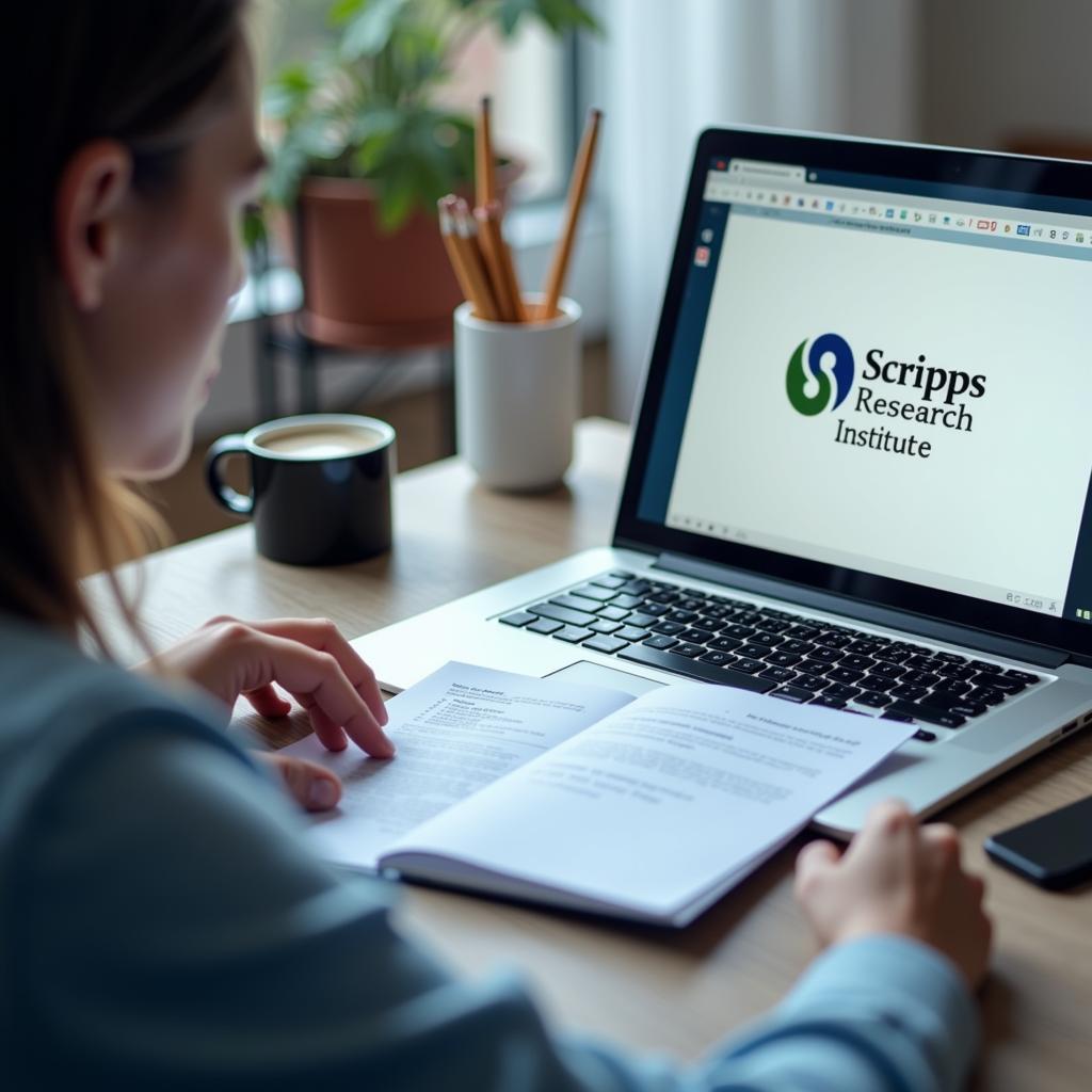 A person reviewing job applications on a laptop with the Scripps Research Institute logo in the background.