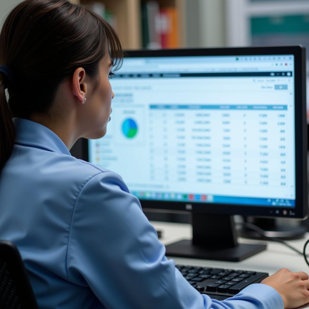 Senior Clinical Research Associate diligently reviewing patient data on a computer.