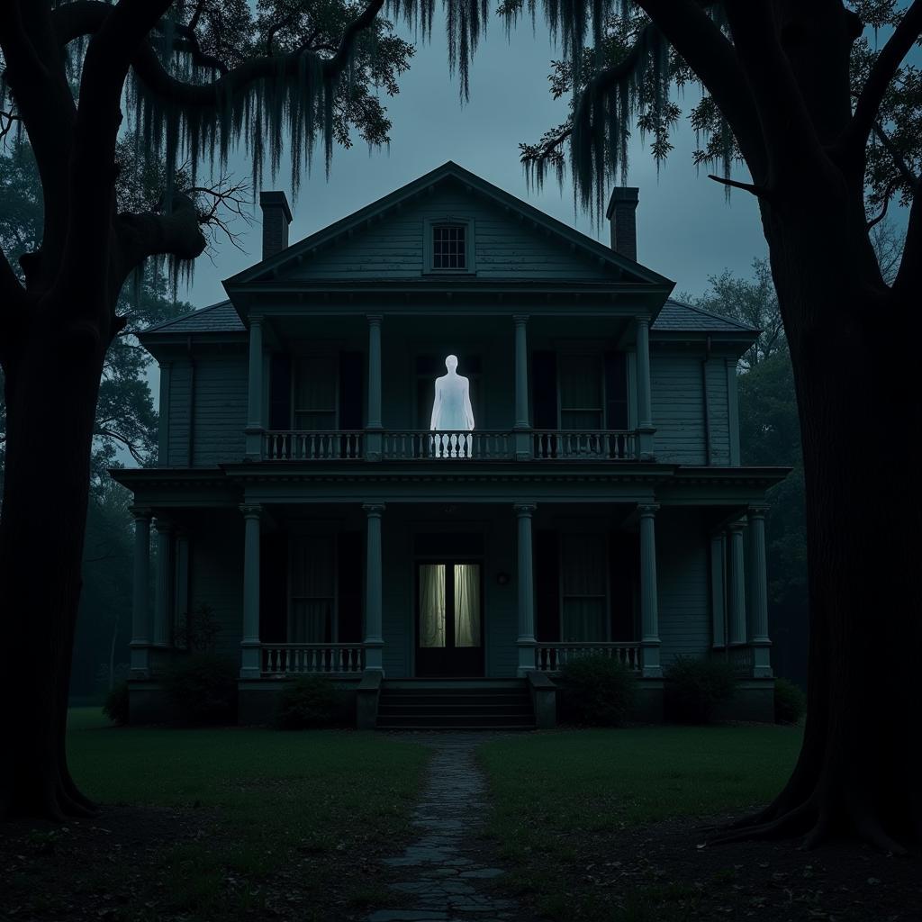 A dilapidated Southern plantation house at night, with a ghostly figure in the window