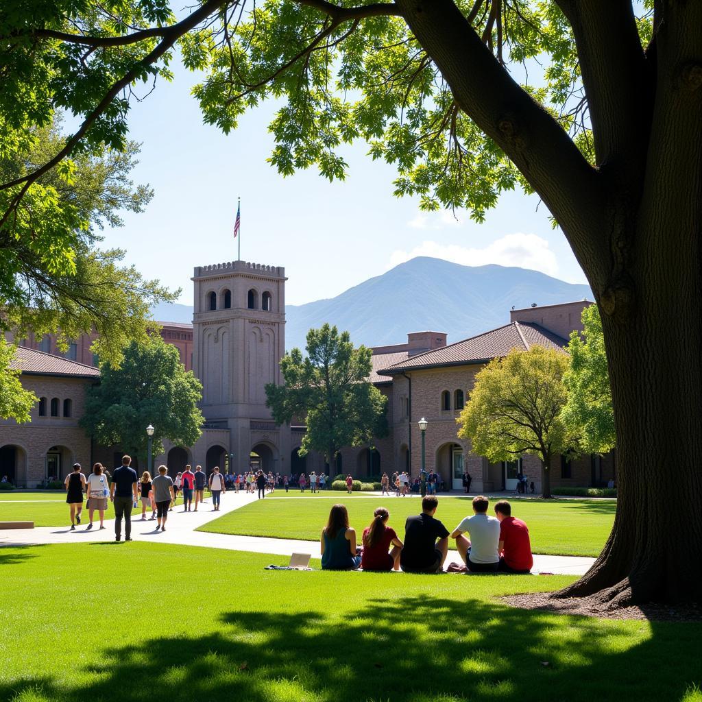 Stanford campus during the summer with students engaging in research activities