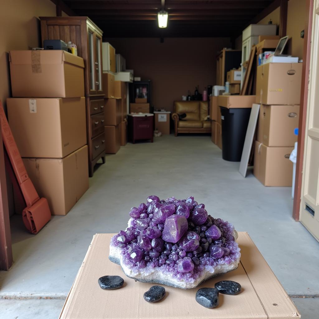 Storage unit with amethyst and black tourmaline crystals placed strategically for protection.