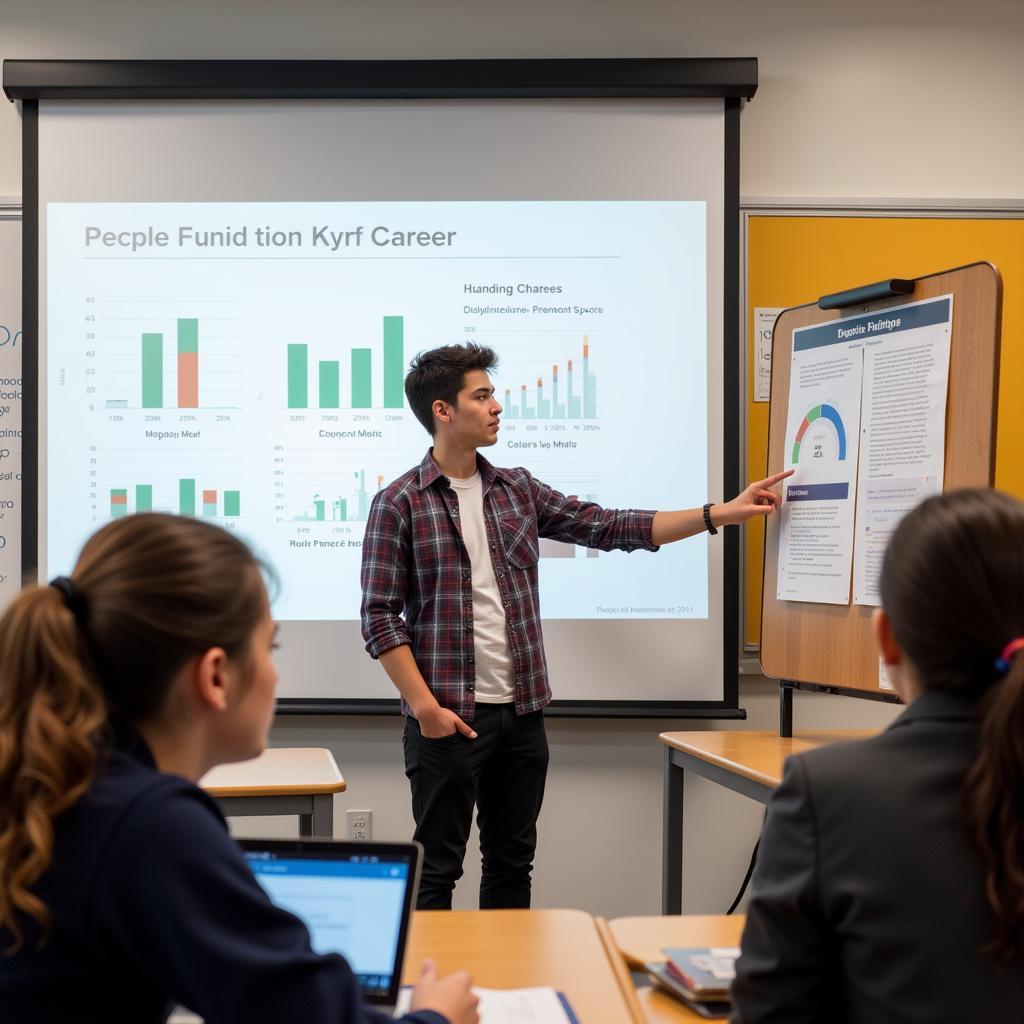 High school student presenting their career research project to a class.