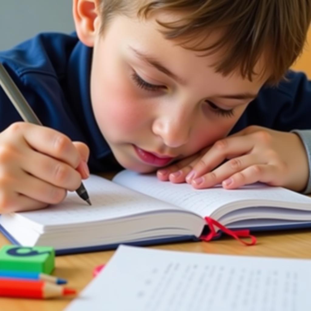 An elementary student writing enthusiastically in a notebook