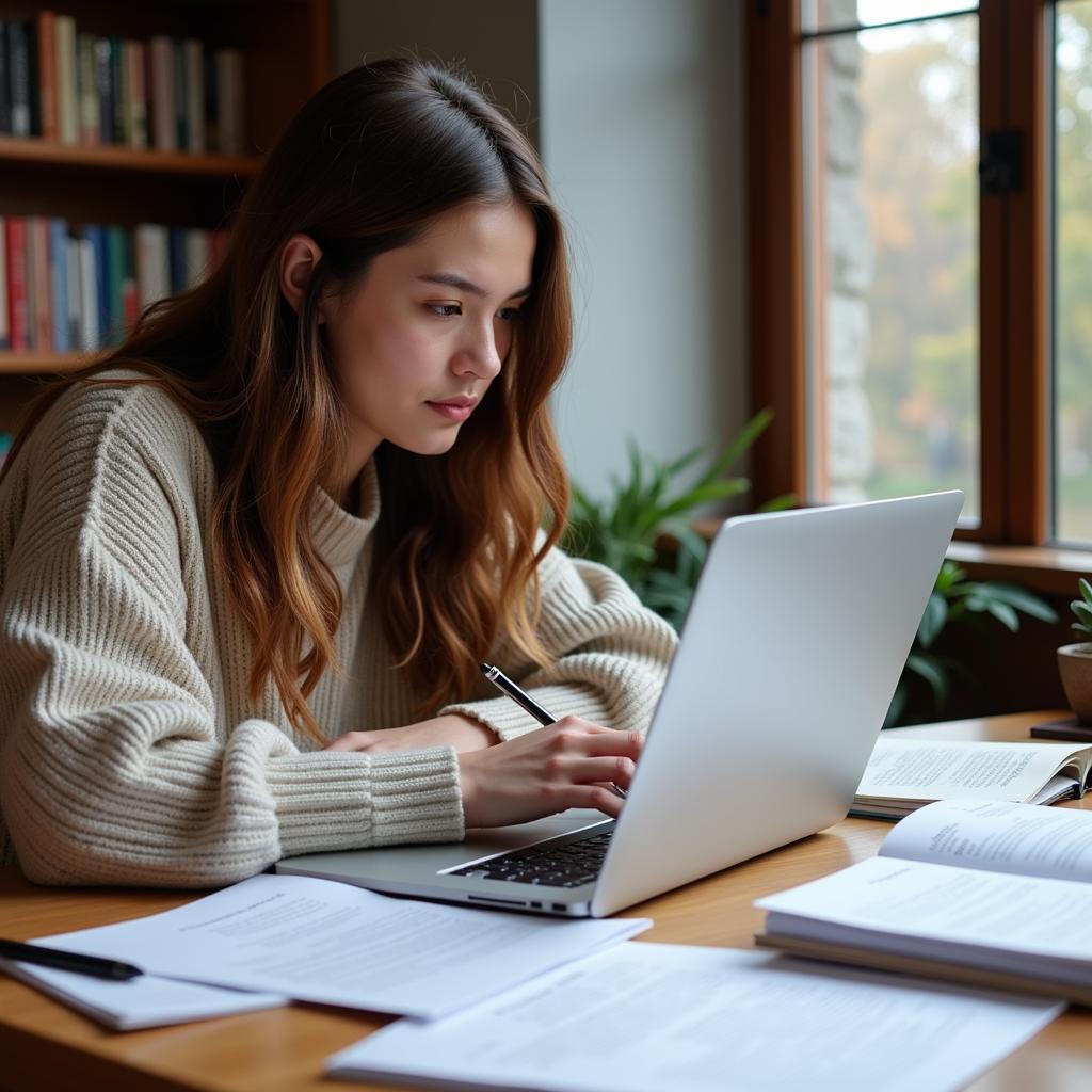 Student Writing a Grant Proposal on a Laptop