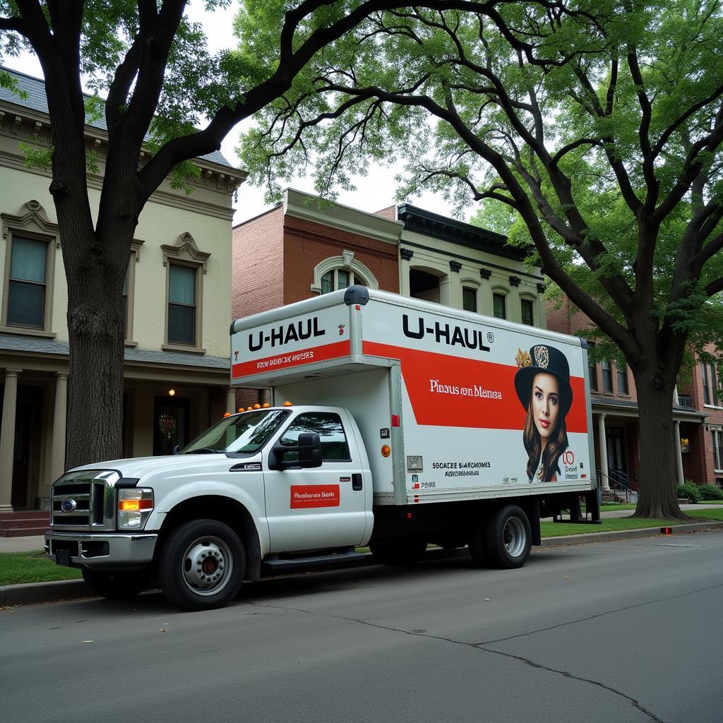 U-Haul truck parked near Research Blvd, amidst a backdrop of trees and historical buildings.