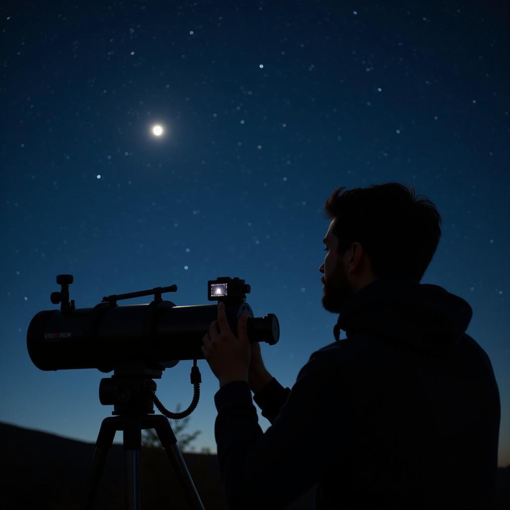 A person documenting a UFO sighting with a telescope and camera