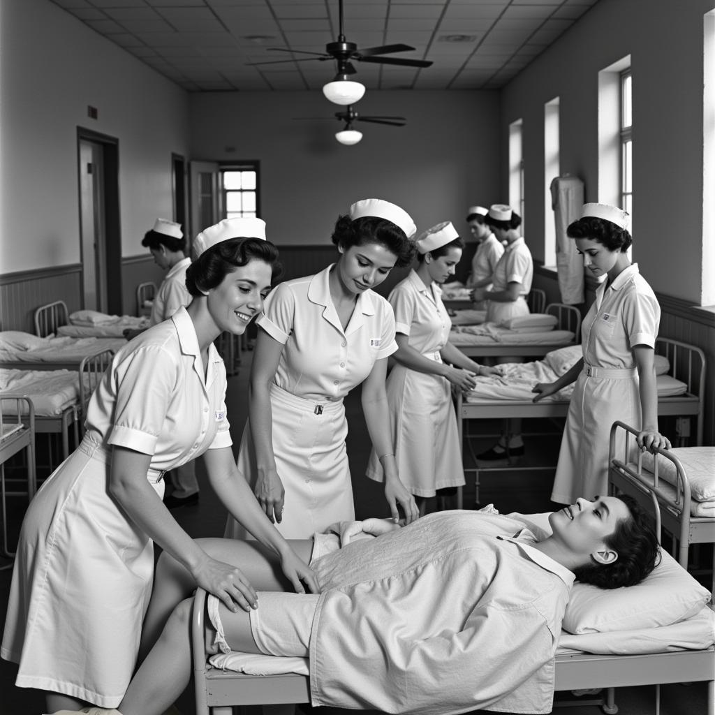 USAISR Burn Center - A historical photo depicting the early days of the burn center at the U.S. Army Institute of Surgical Research during WWII, showing medical staff tending to burn patients.