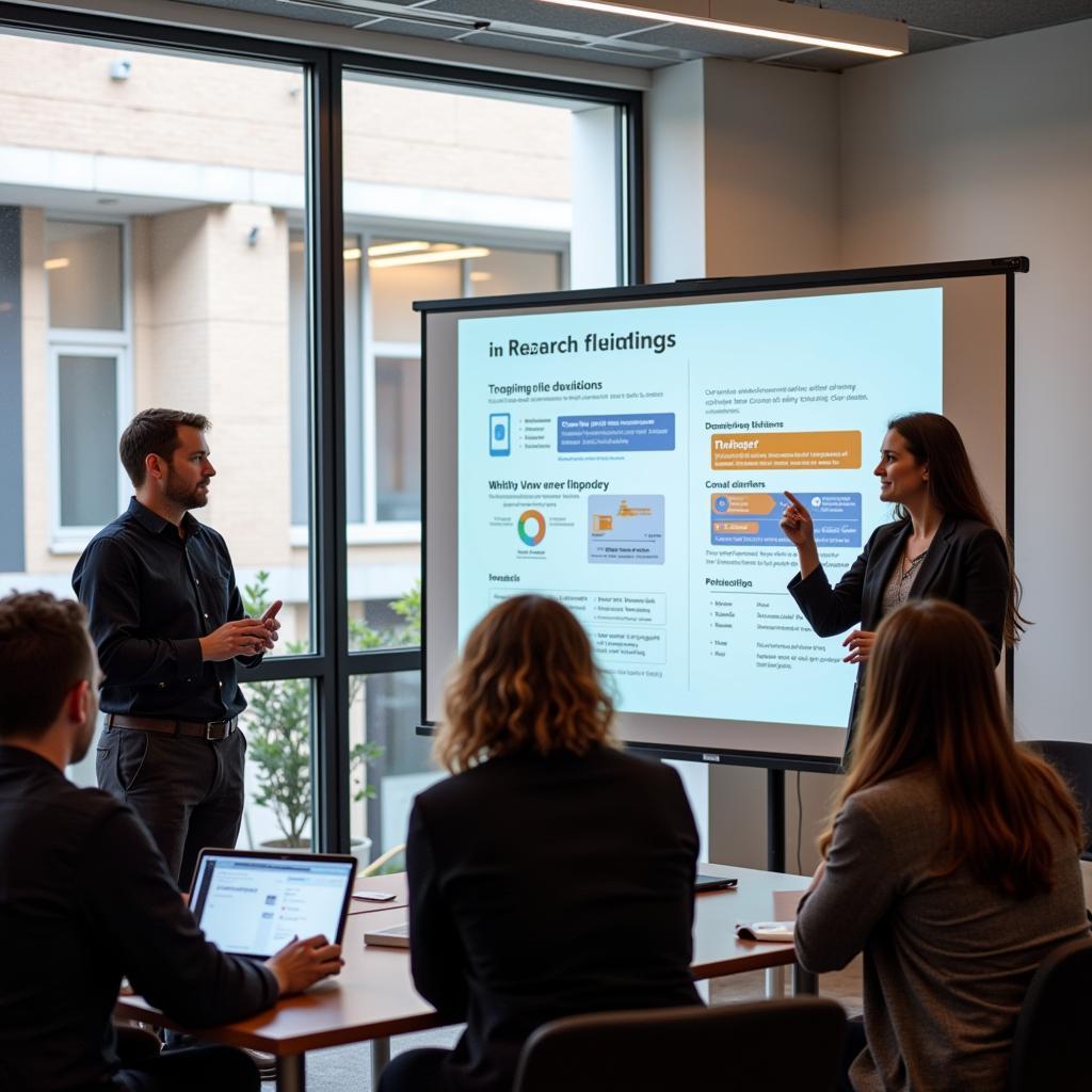 A UX research assistant presents their research findings to the team.