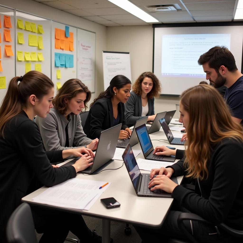 Students collaborating on UX research projects in a bootcamp setting