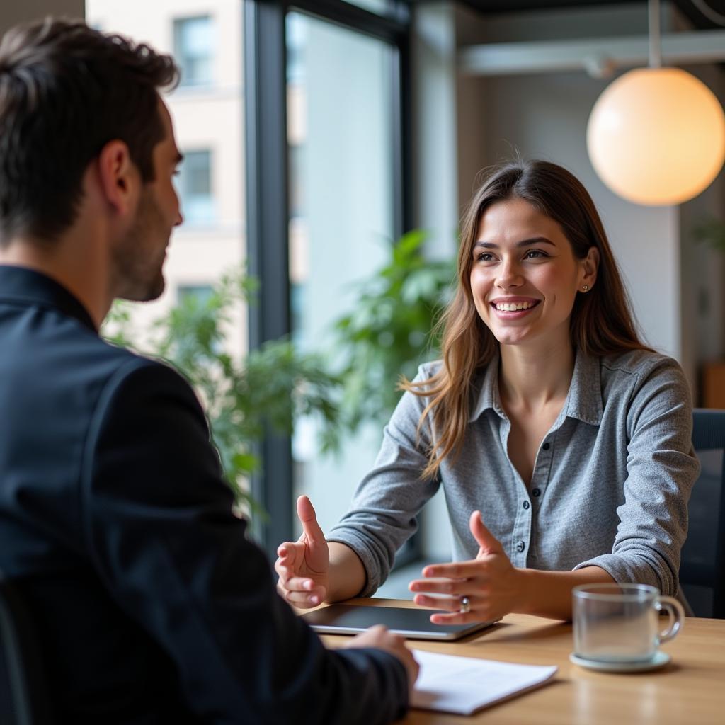 A UX researcher confidently answering questions during a job interview, showcasing their expertise and enthusiasm for the role.