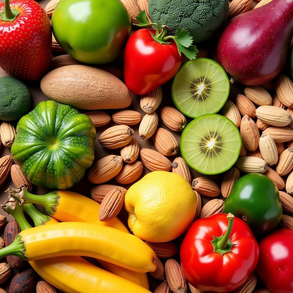 Image of various vitamin and mineral rich foods like fruits, vegetables, and nuts