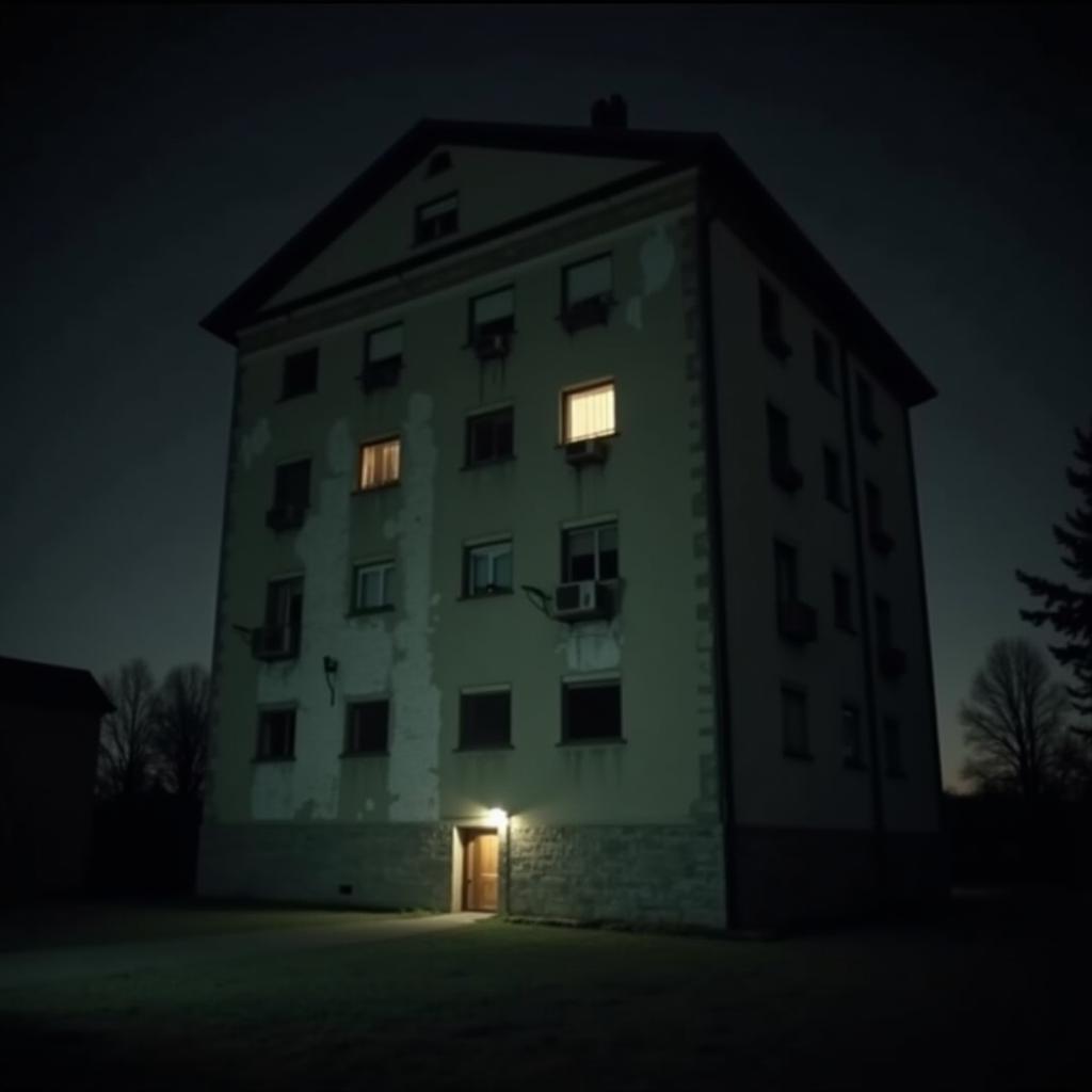 A blurred, night-time photograph of a building purportedly housing the Wallace Research Foundation.