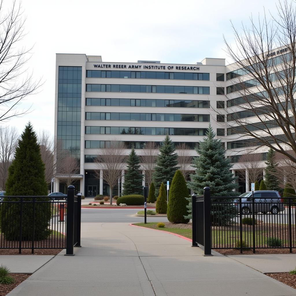 Exterior view of the Walter Reed Army Institute of Research in Silver Spring, MD, showcasing its modern architecture and secure perimeter.