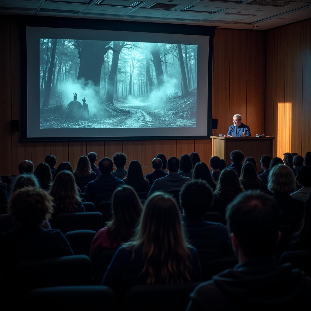 A researcher presenting findings to a large audience in a lecture hall.