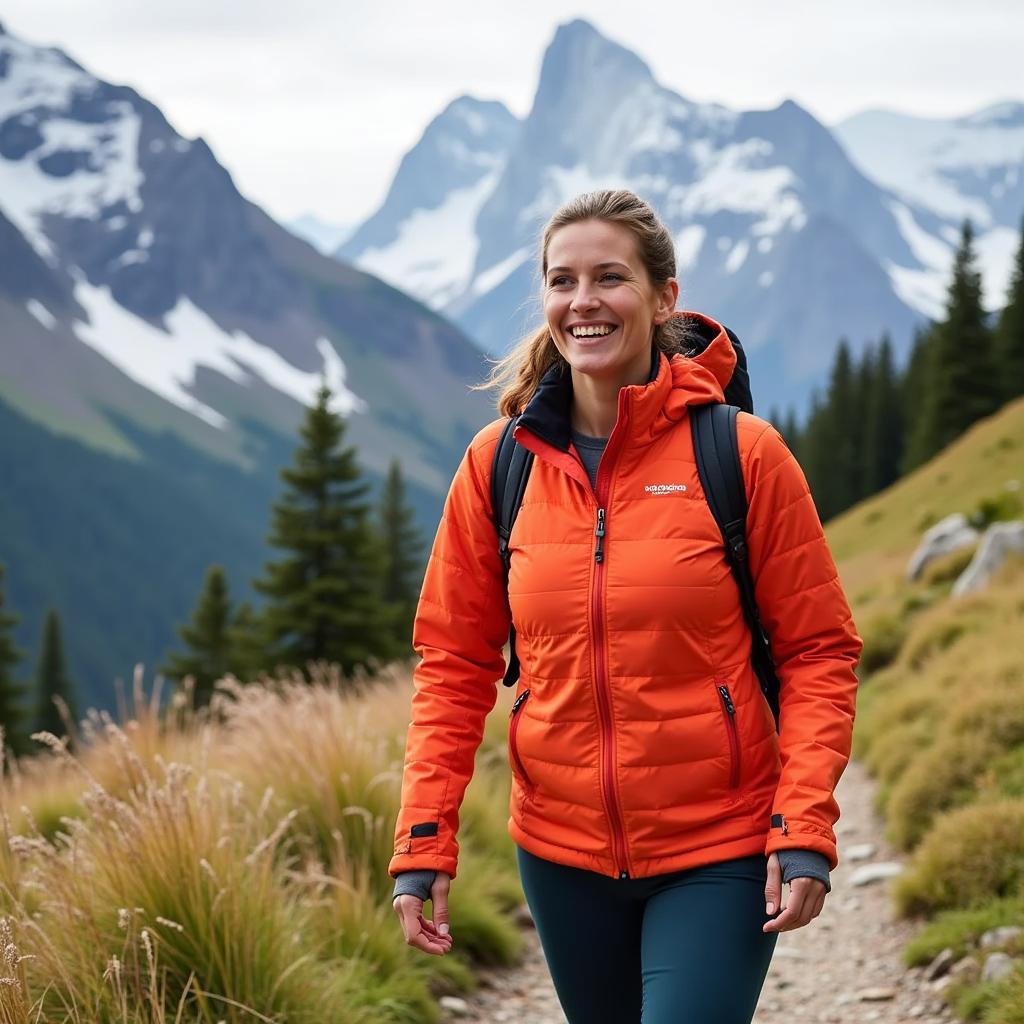 Woman Hiking in the Helium Down Jacket