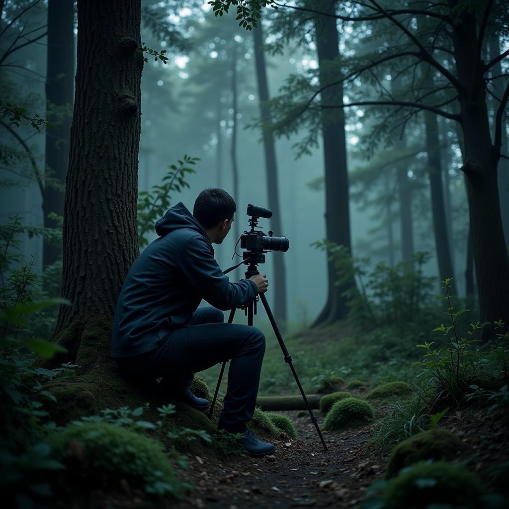 A researcher setting up sophisticated monitoring equipment, including cameras, sensors, and audio recorders, in a secluded woodland area.