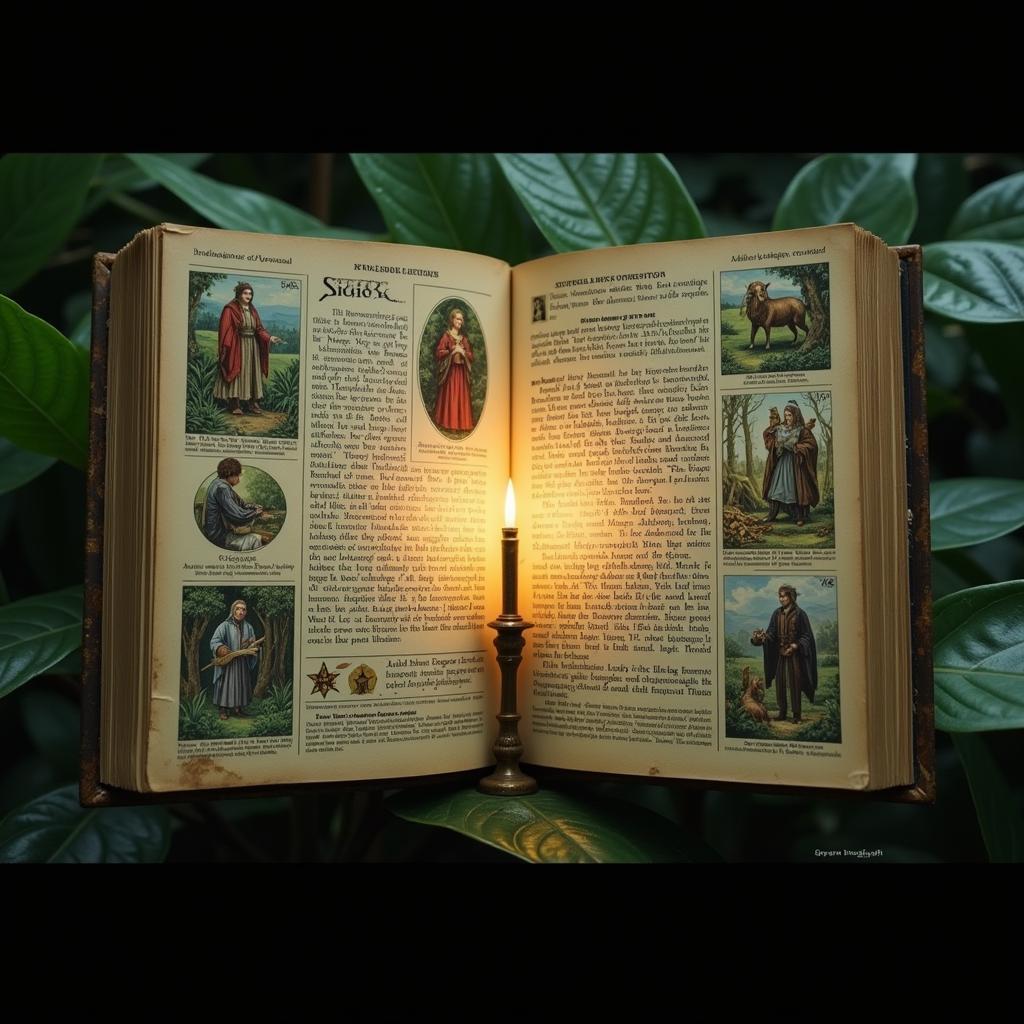 An old, weathered book open to a page depicting ancient woodland spirits and mythical creatures, surrounded by glowing orbs of light.