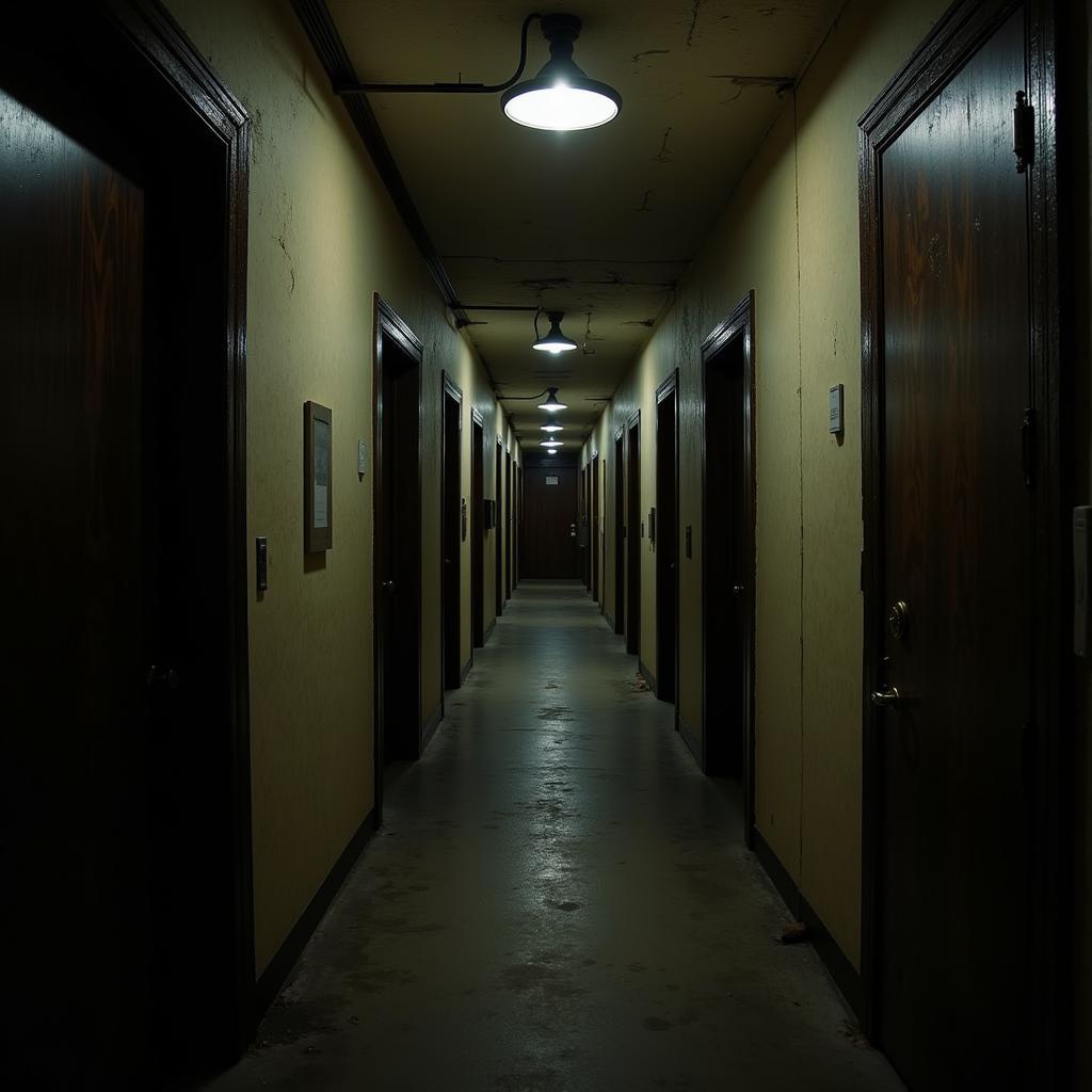 A dimly lit hallway inside the Woodruff Memorial Research Building, featuring aged wooden doors and flickering lights, creating a sense of unease and mystery.