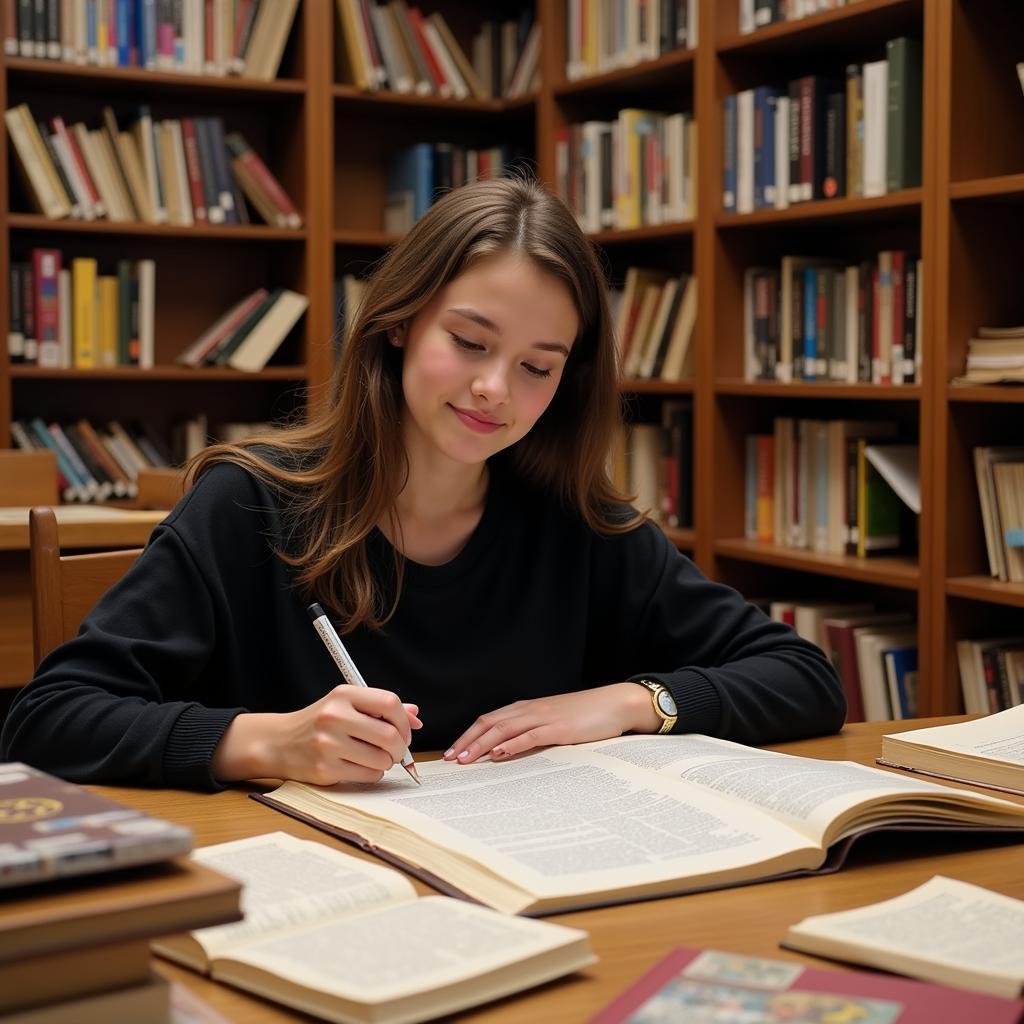 Student researching historical documents in a library