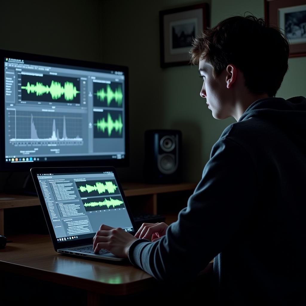 Young researcher analyzing paranormal data on a laptop