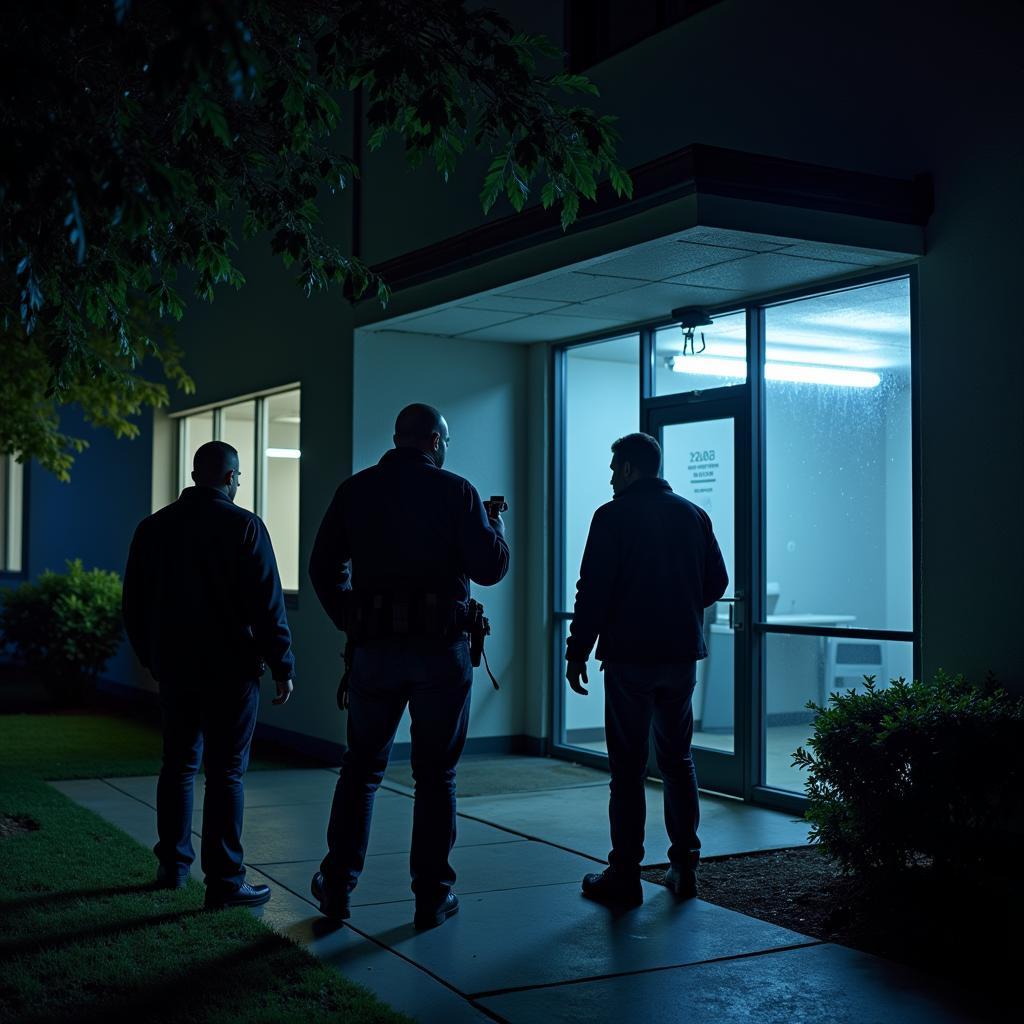 Paranormal investigators exploring the exterior of a building at 11111 Research Blvd in Austin, TX at night, searching for evidence of paranormal activity.