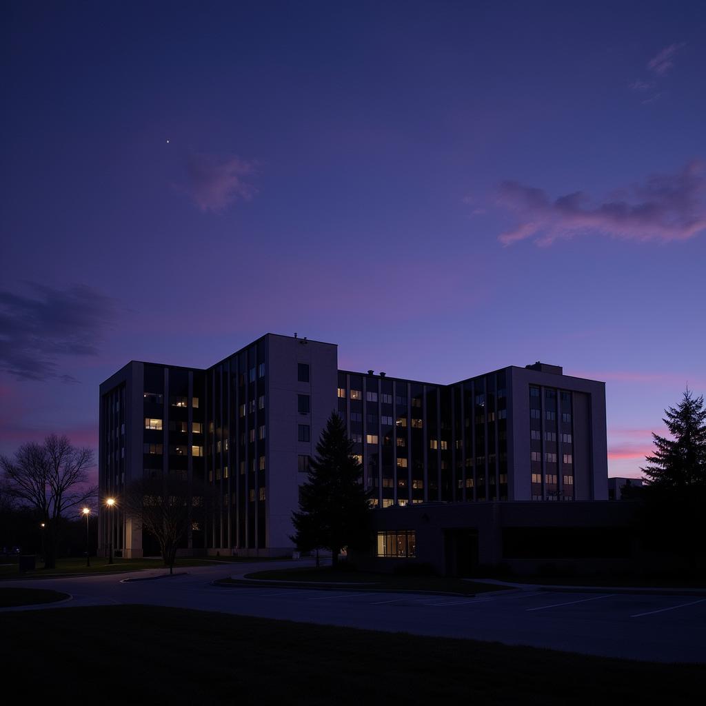 Exterior view of 13730 Research Boulevard in Austin, TX showing the building at dusk with a slightly ominous atmosphere.