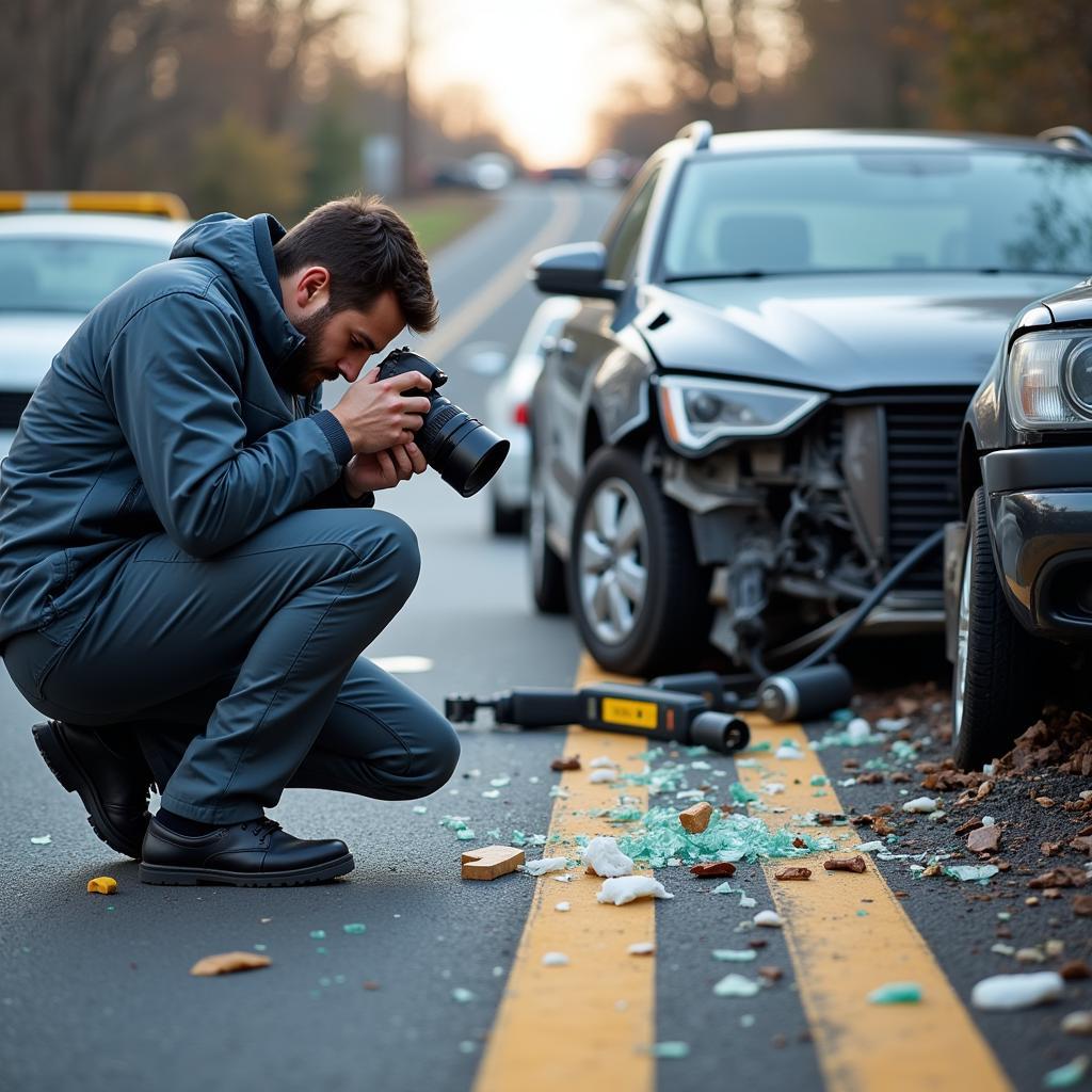 Accident research specialist meticulously examining a crash site for clues