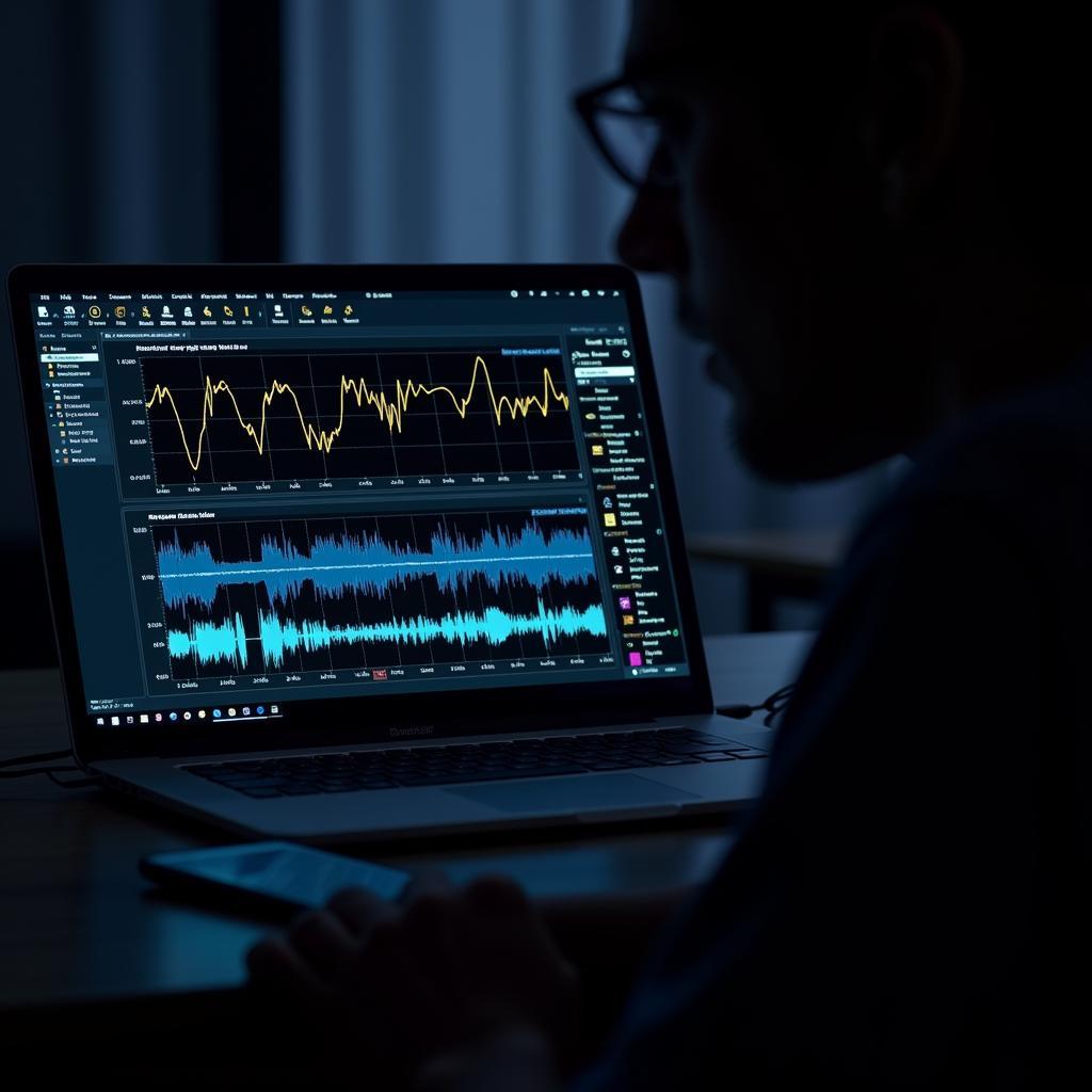 A close-up shot of a laptop screen displaying audio waveforms and EMF readings, presumably taken during a paranormal investigation at 13730 Research Boulevard in Austin, TX.