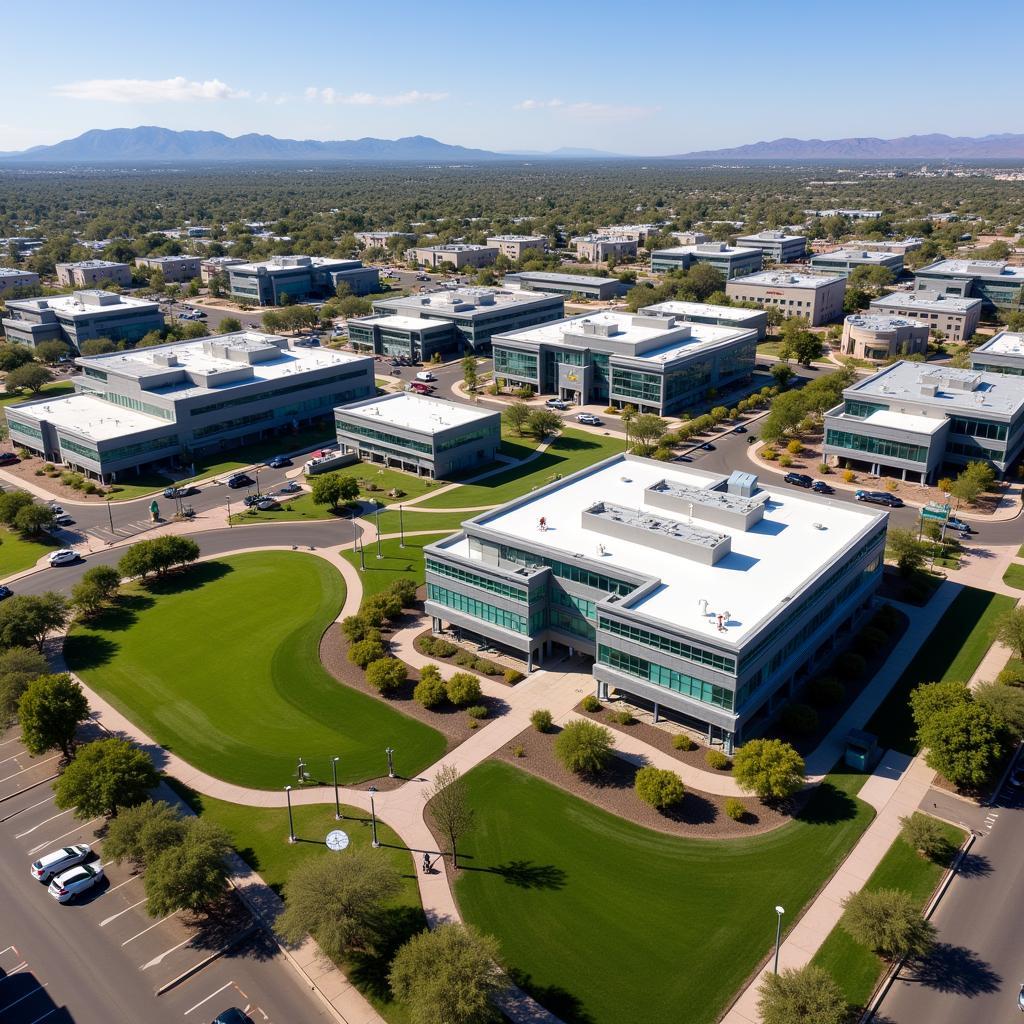 Aerial view of Arizona State University Research Park showing modern buildings and green spaces