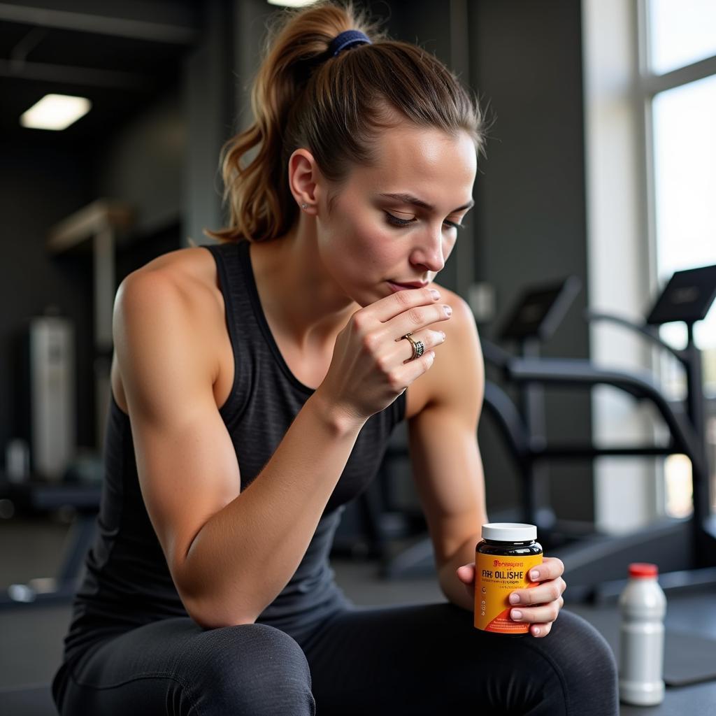 An athlete taking fish oil capsules after a workout to aid recovery.