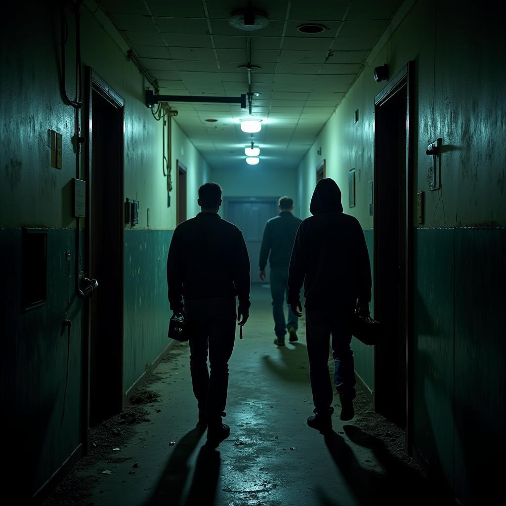 Paranormal investigators exploring the abandoned Belton Research Hospital at night, equipped with flashlights and ghost hunting equipment.