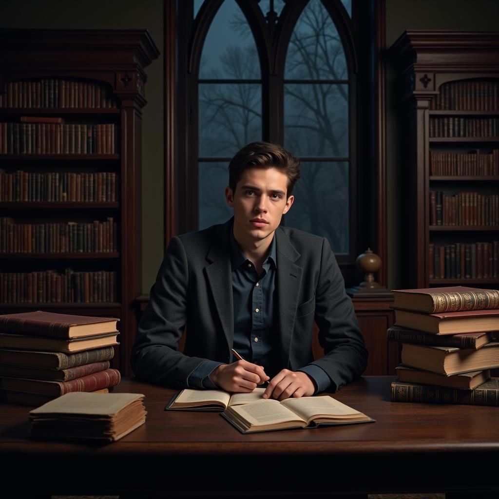 Benny researching in a library with books on haunted manors