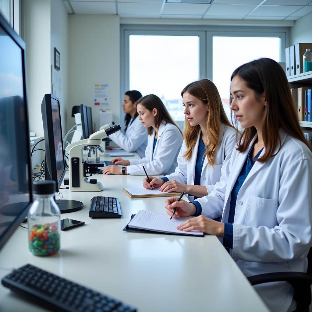 Students working in a biomedical research lab during their internship