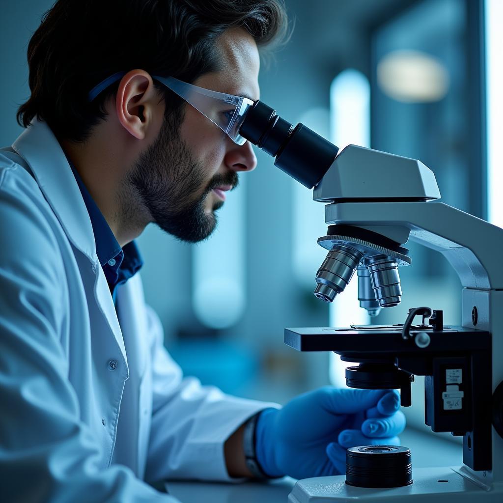 Cancer Research Laboratory Scientist Examining Cells Under a Microscope