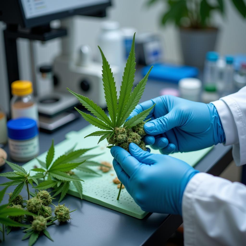 Scientists analyzing a cannabis plant