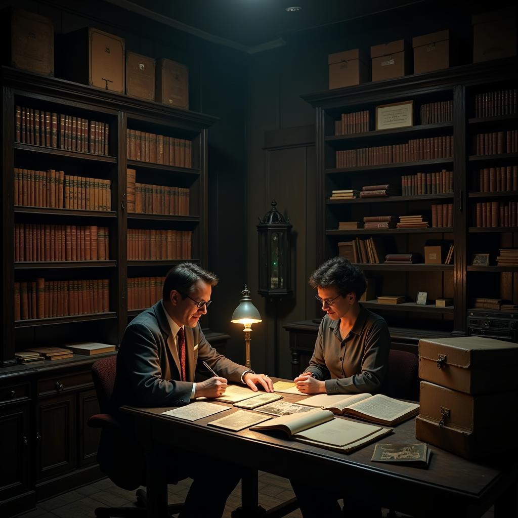 Researchers examining historical documents in the Chelmsford Historical Society archives.