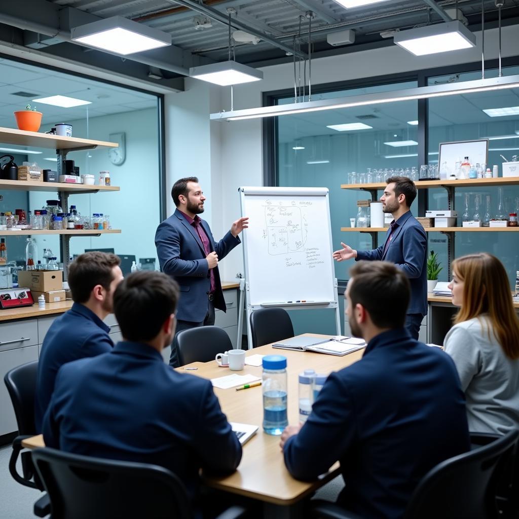 A Clinical Research Associate leading a meeting with research staff in a Canadian laboratory