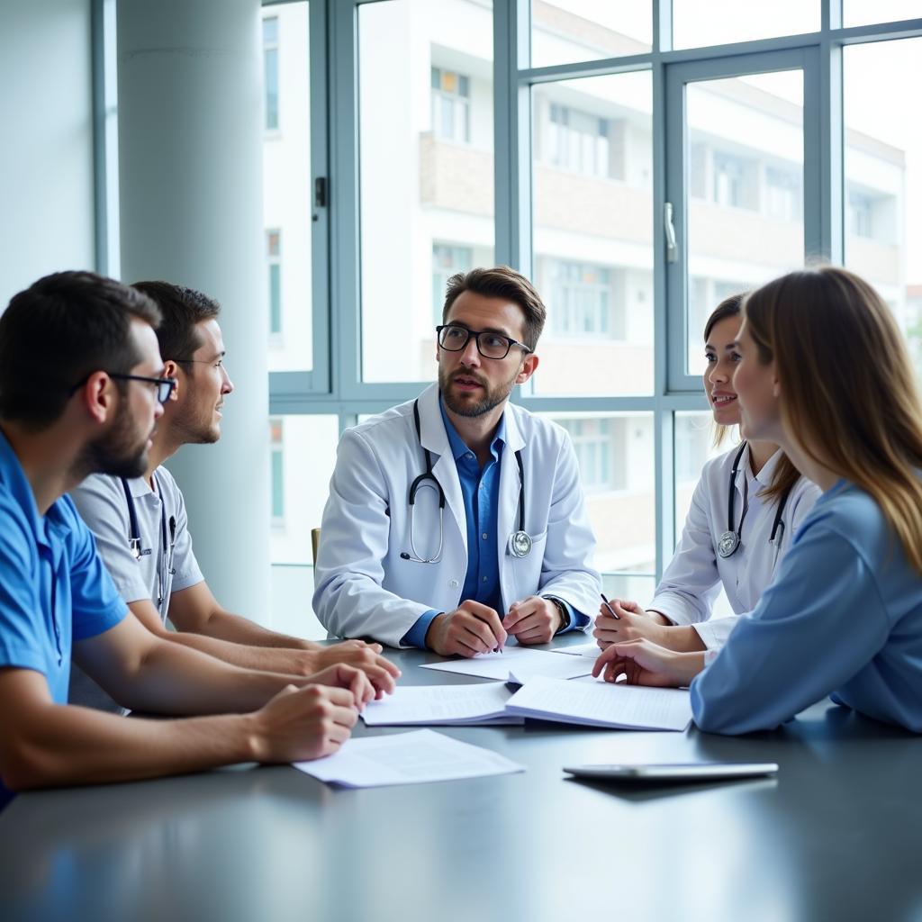 Clinical Research Associate meeting with the medical team at a research site, discussing patient enrollment and study progress.