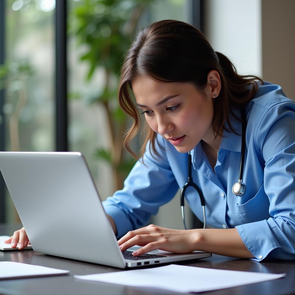 Clinical research associate working diligently on a laptop, reviewing patient data and ensuring compliance with study protocols.