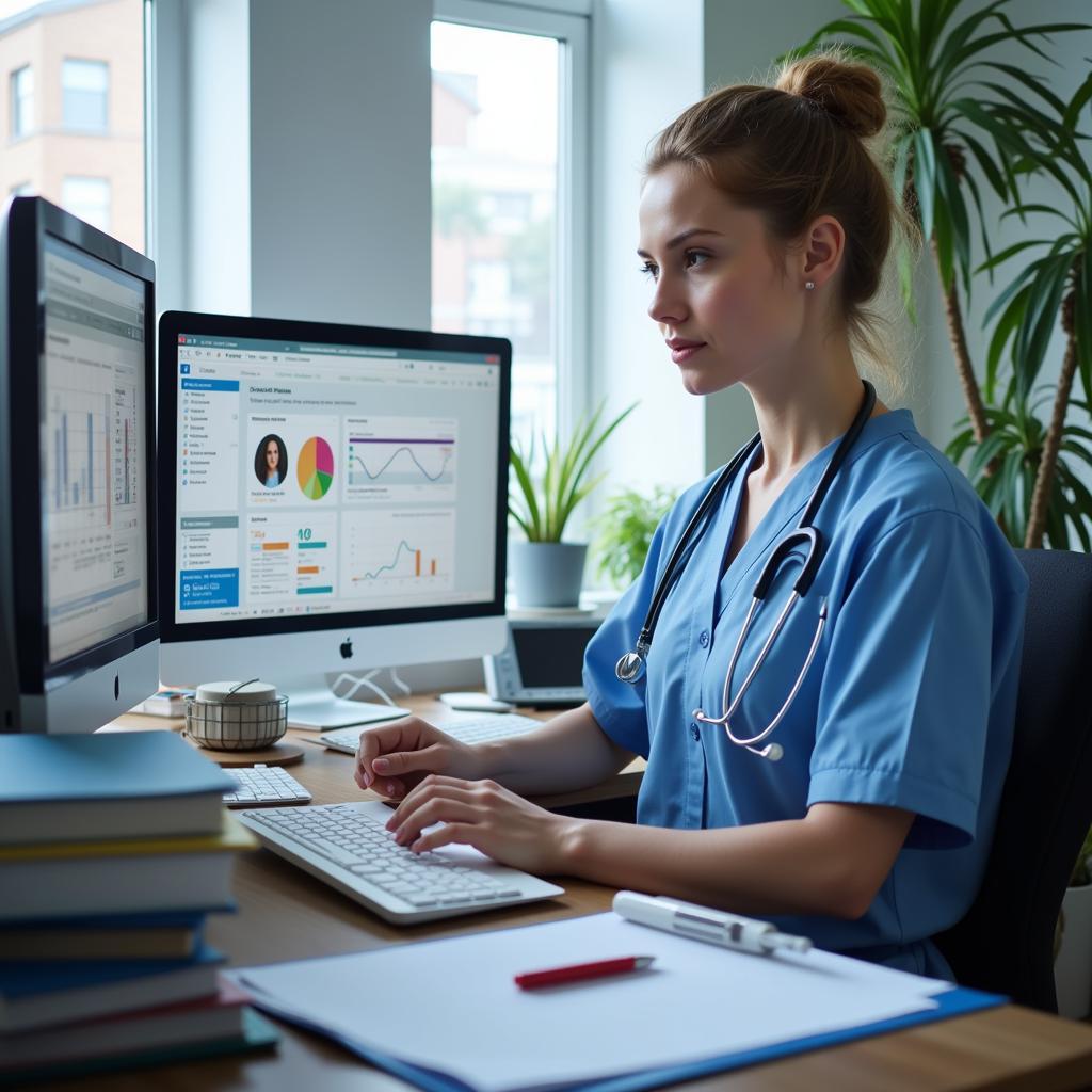 A clinical research coordinator reviewing patient data on a computer.